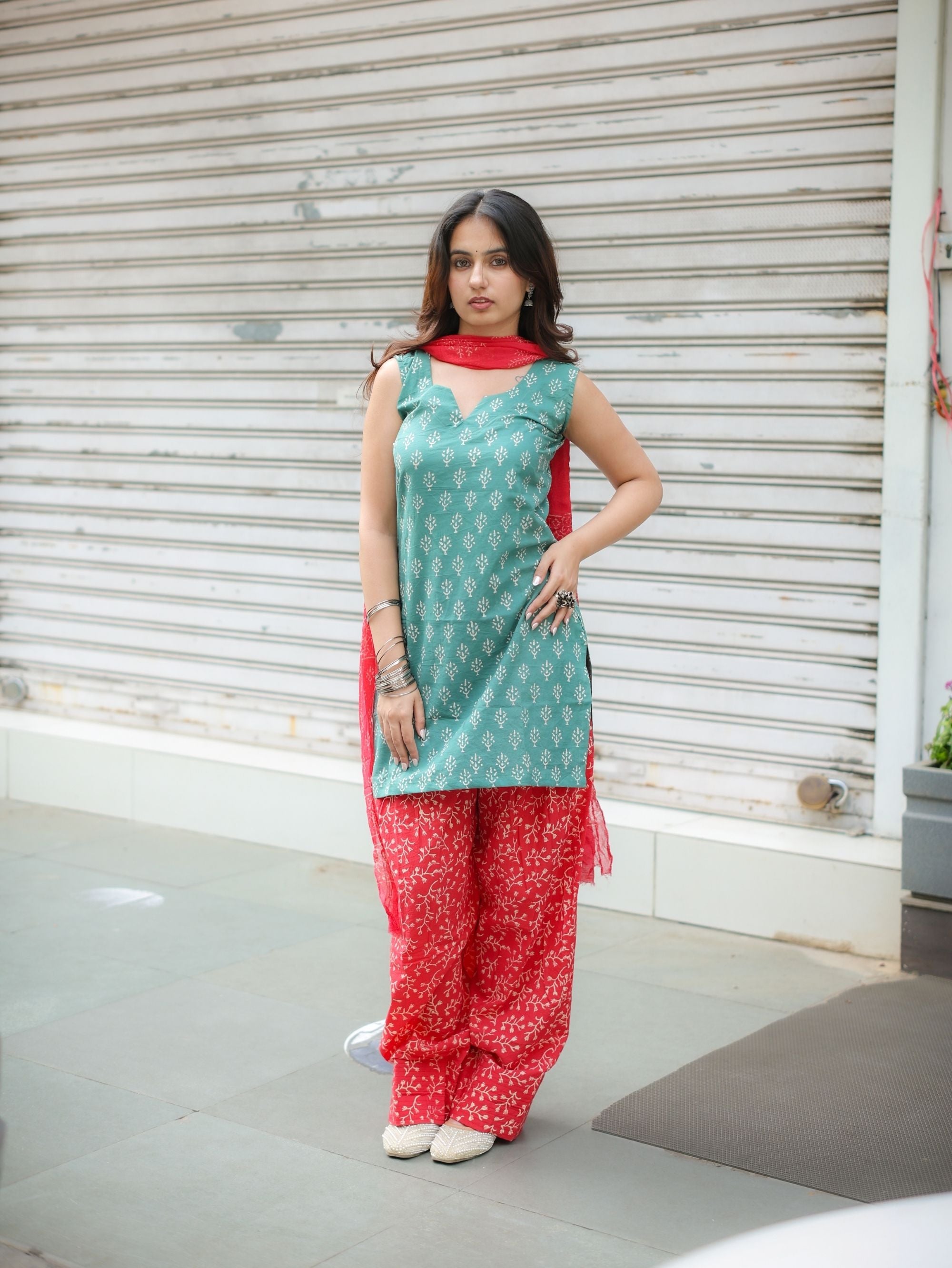 Ruby Sage Green & Red Farshi Salwar Set with Chiffon Dupatta