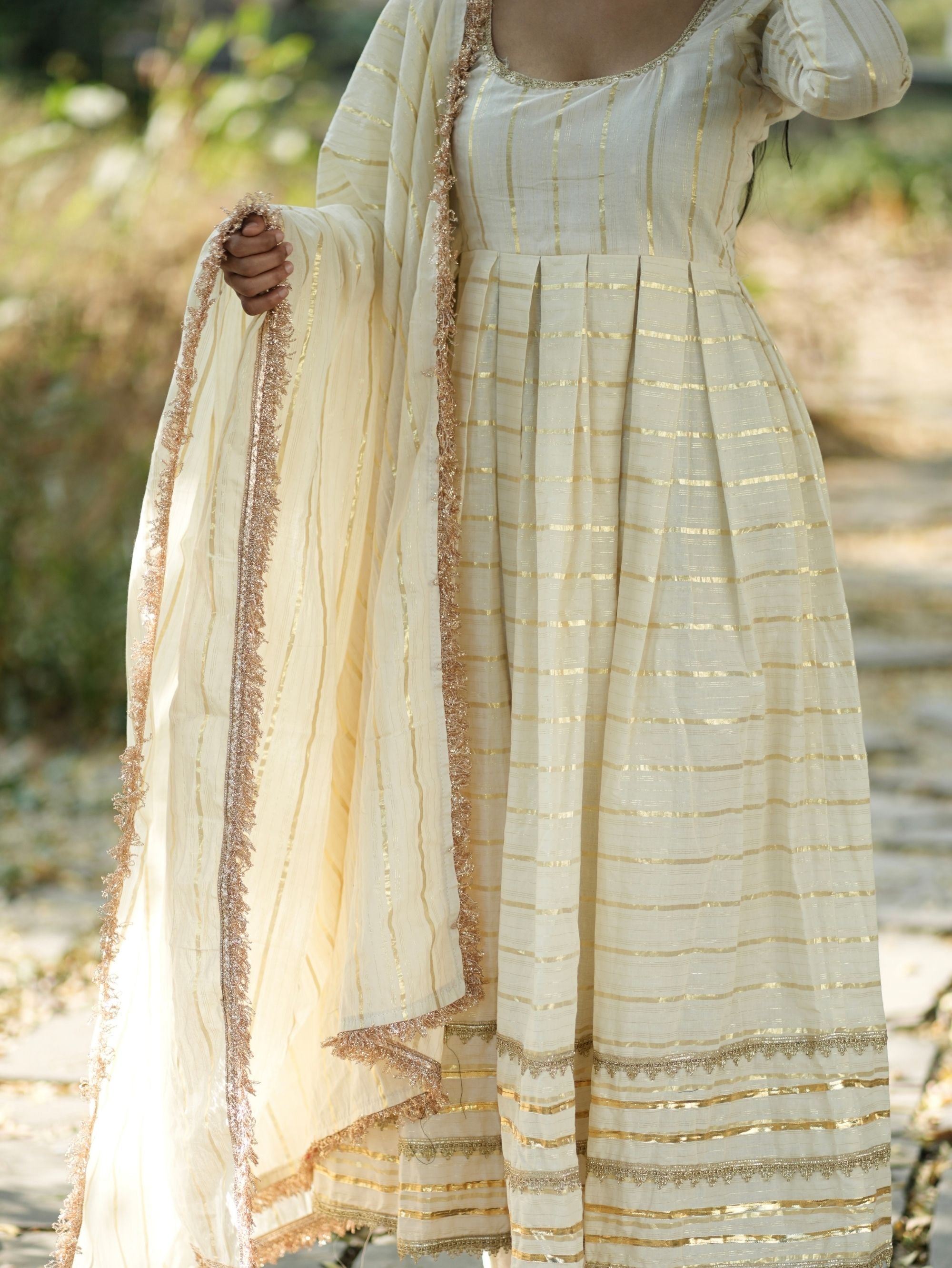 Mastani Noor Beige Cotton Anarkali 3 Piece Suit Set with Zari Work