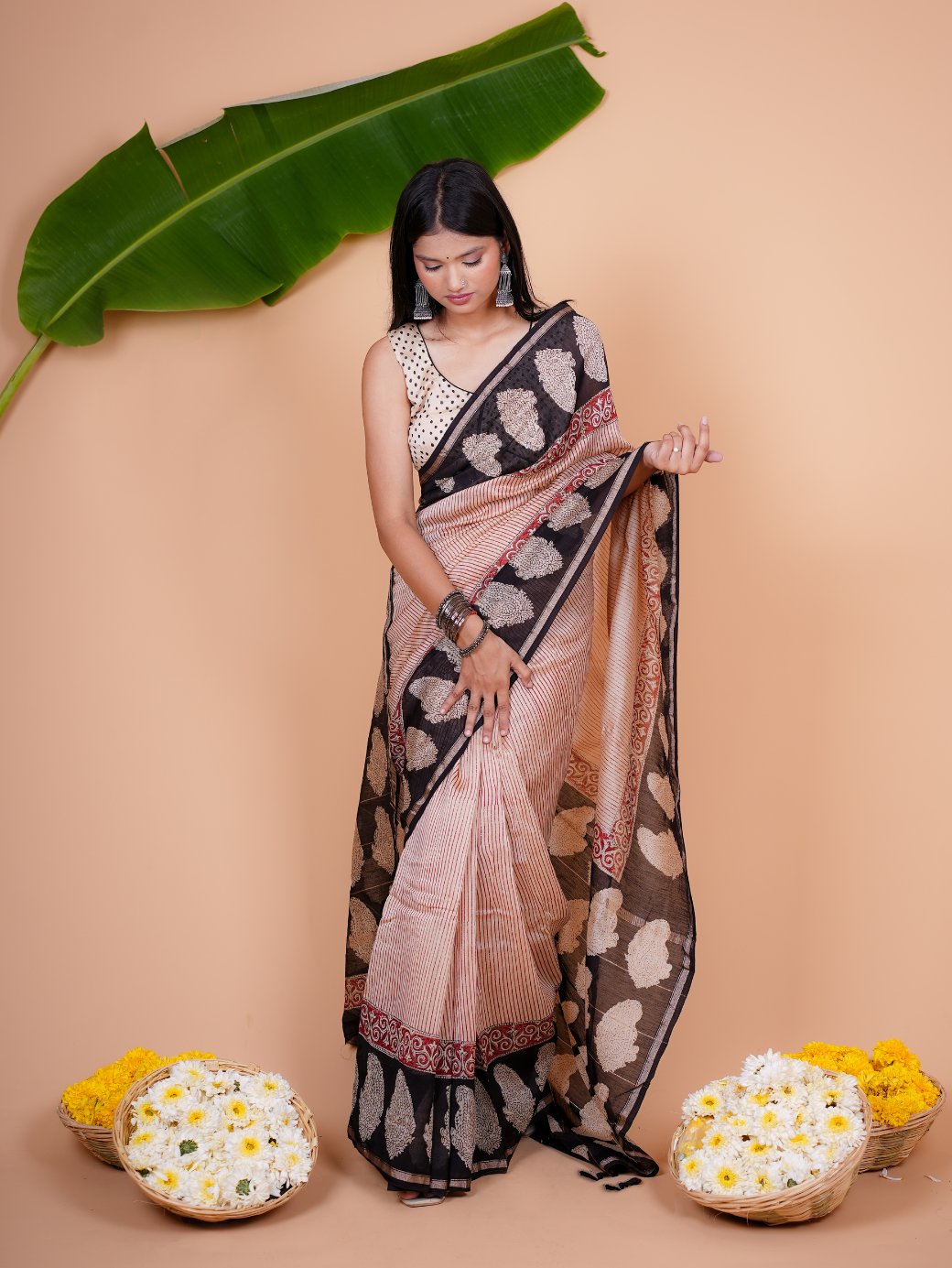 Vaidehi Rust Red and Black Chanderi Saree