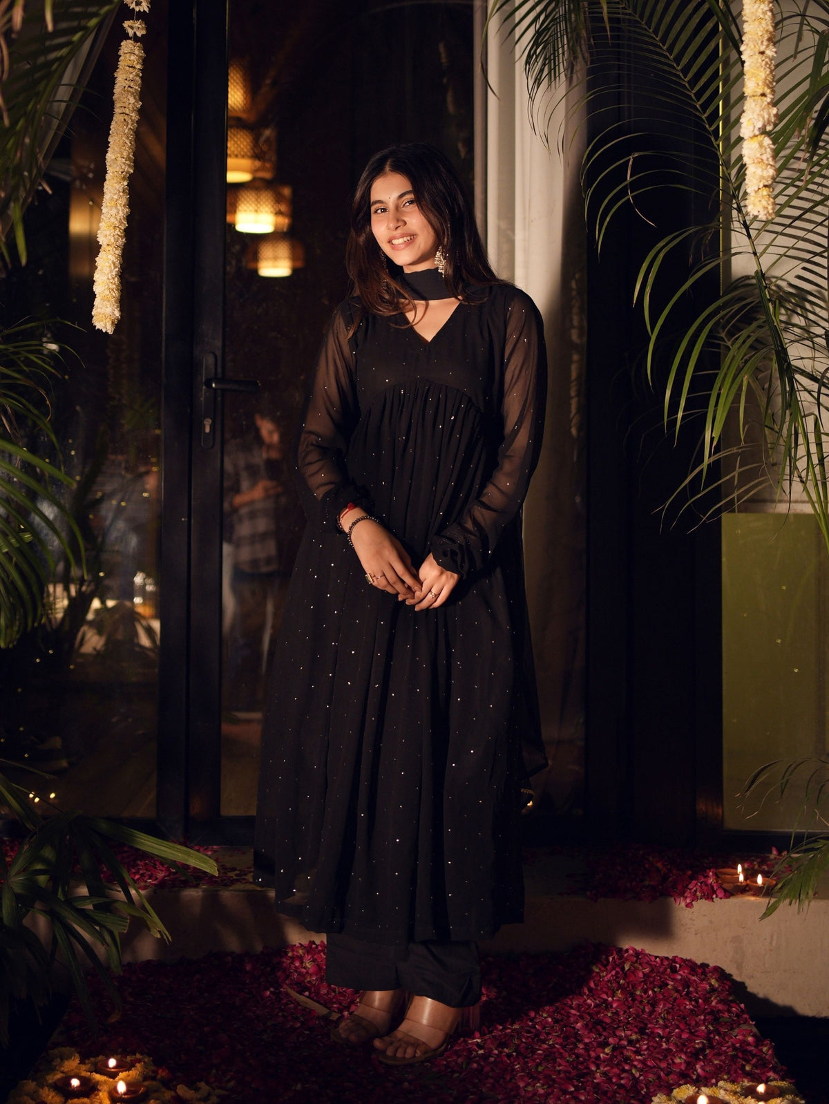 Cham Cham Black Alia Cut Three Piece Anarkali Set