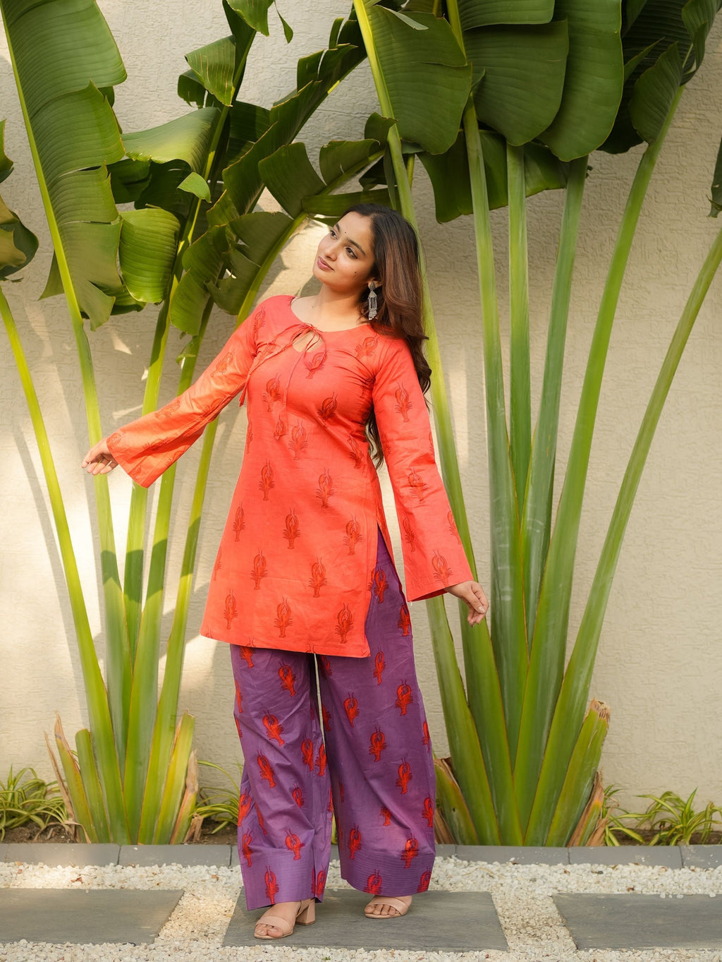 Twilight Bloom Red Purple Handblock Kurta Set with Farshi Salwar