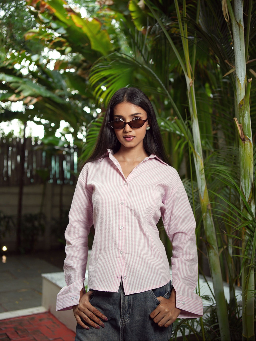 Zara Pink Seersucker Cotton Shirt for Women - Full Sleeve Collared Shirt