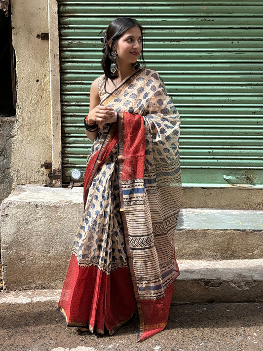 Gerua and Beige Kota Doriya Handblock Saree