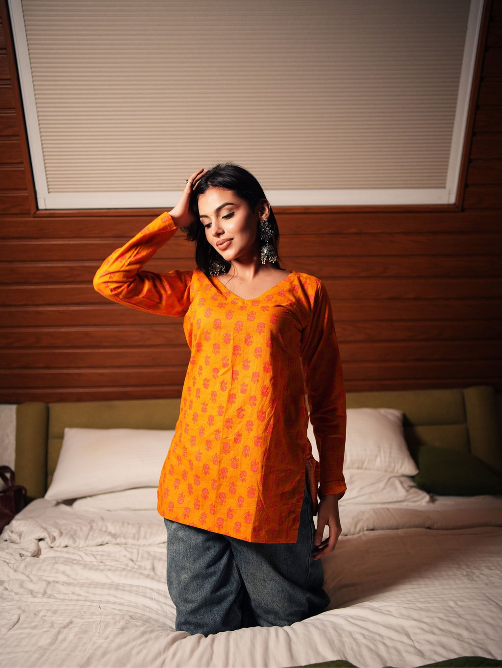 Madhu Mustard Cotton Short Kurti for Women - V Neck Full Bell Sleeve Kurti