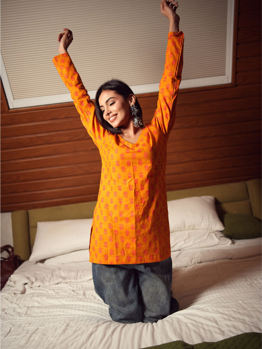Madhu Mustard Cotton Short Kurti for Women - V Neck Full Bell Sleeve Kurti