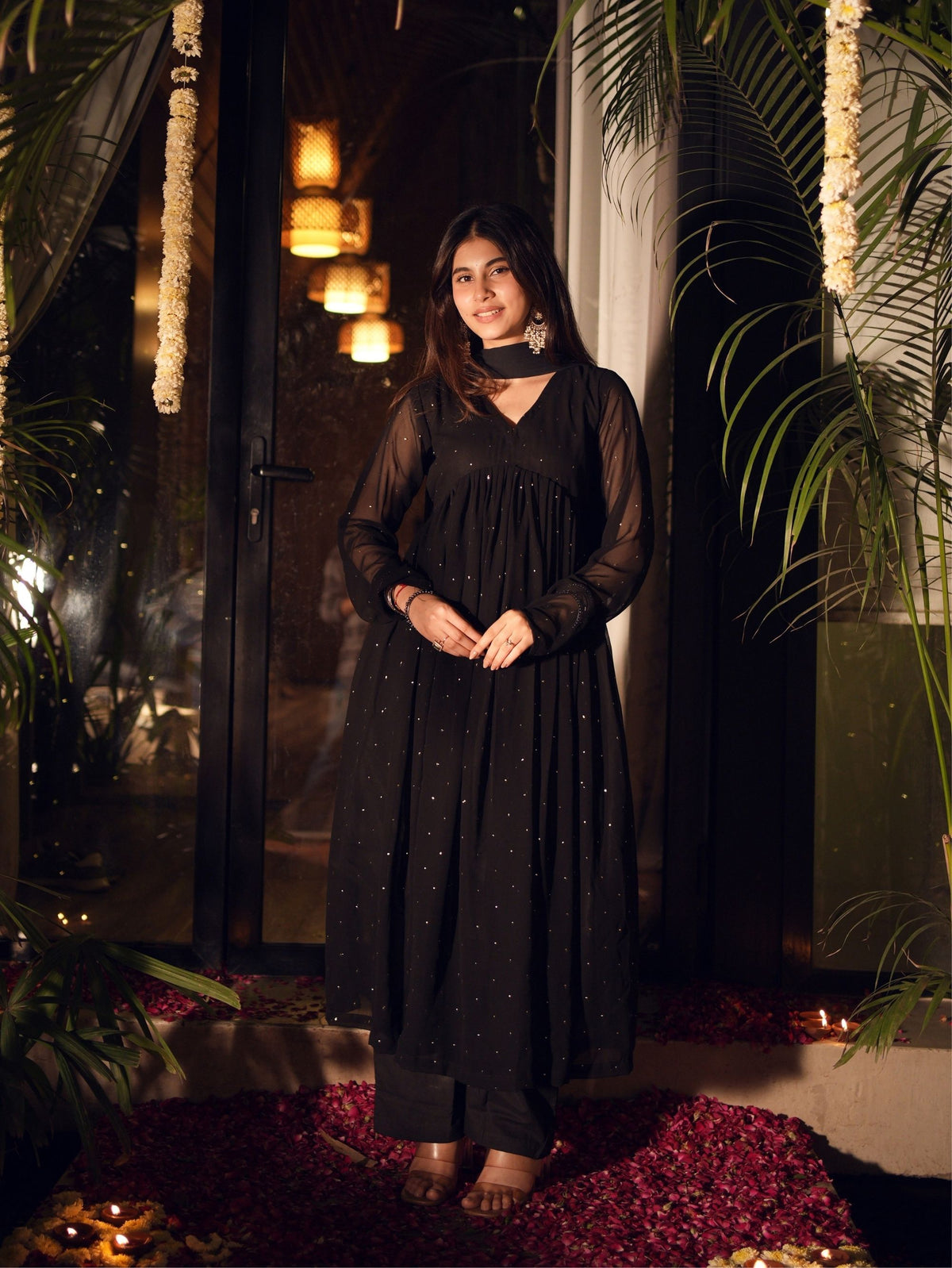 Cham Cham Black Alia Cut Three Piece Anarkali Set