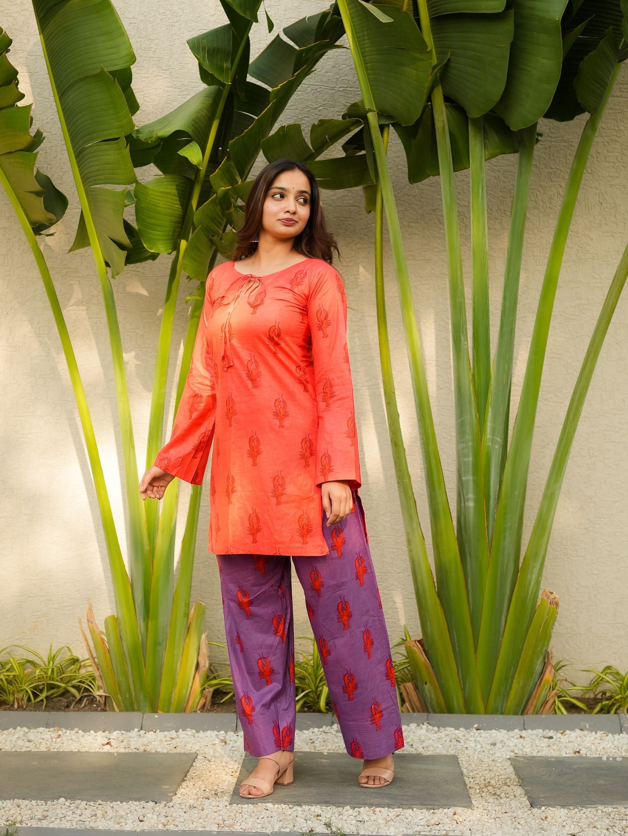 Twilight Bloom Red Purple Handblock Kurta Set with Farshi Salwar