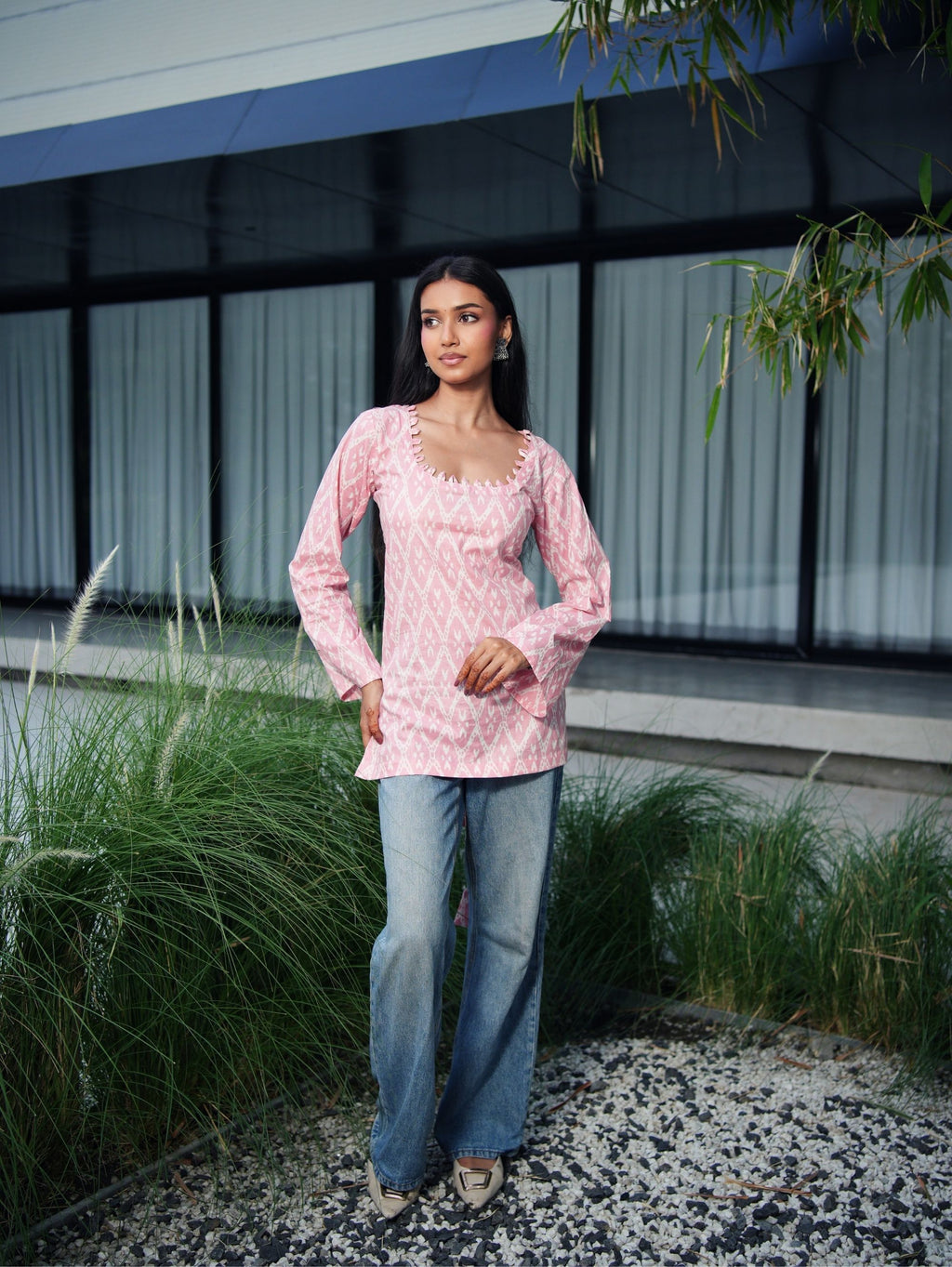 Sehmat Pink Cotton Short Kurti for Women - U Neck Bell Sleeve Kurti