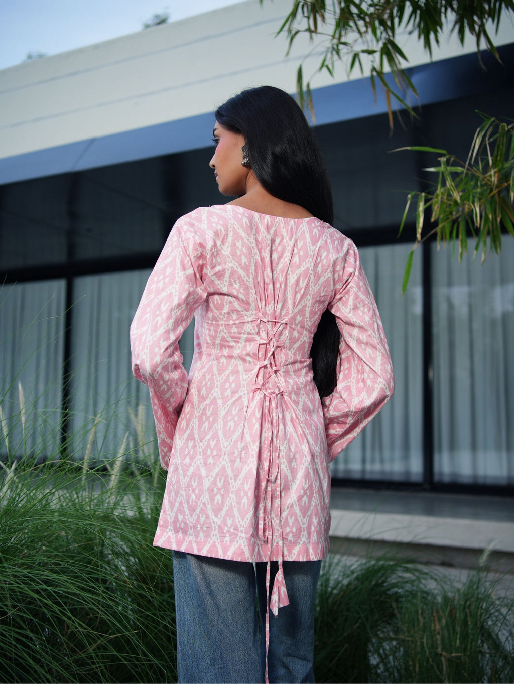 Sehmat Pink Cotton Short Kurti for Women - U Neck Bell Sleeve Kurti