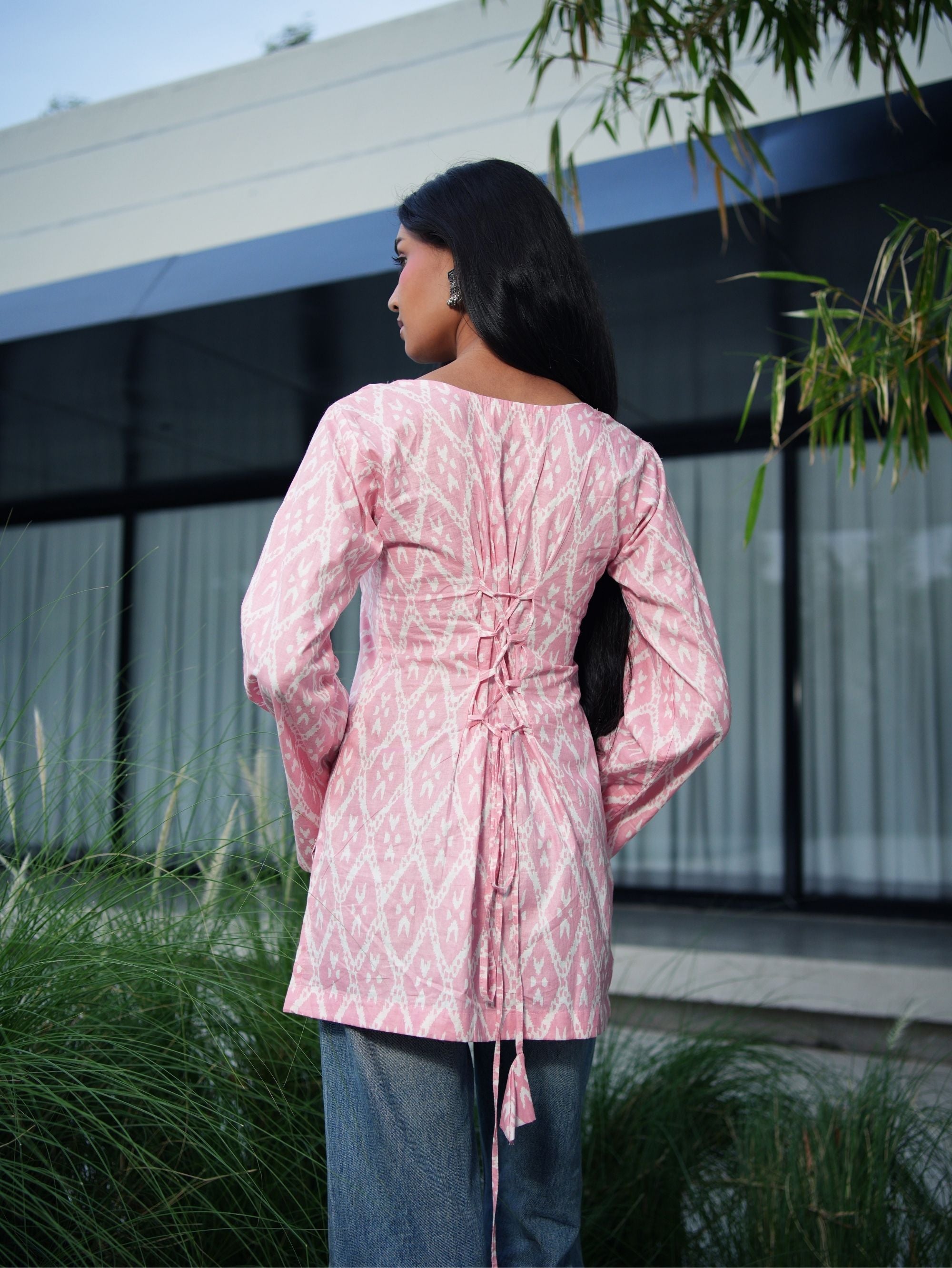 Sehmat Pink Cotton Short Kurti for Women - U Neck Bell Sleeve Kurti