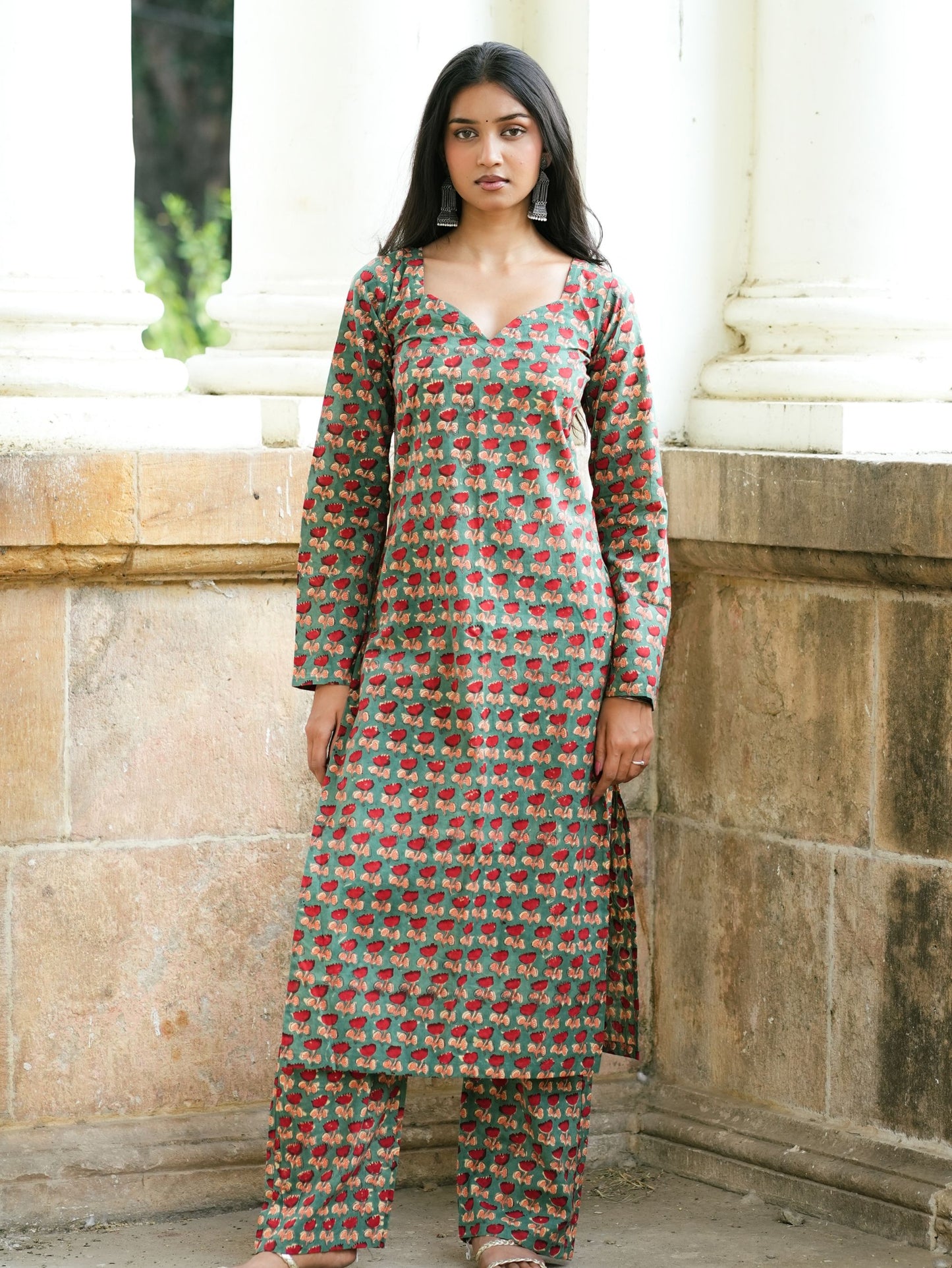 Fida Green Handblock Cotton Kurta Pant Set