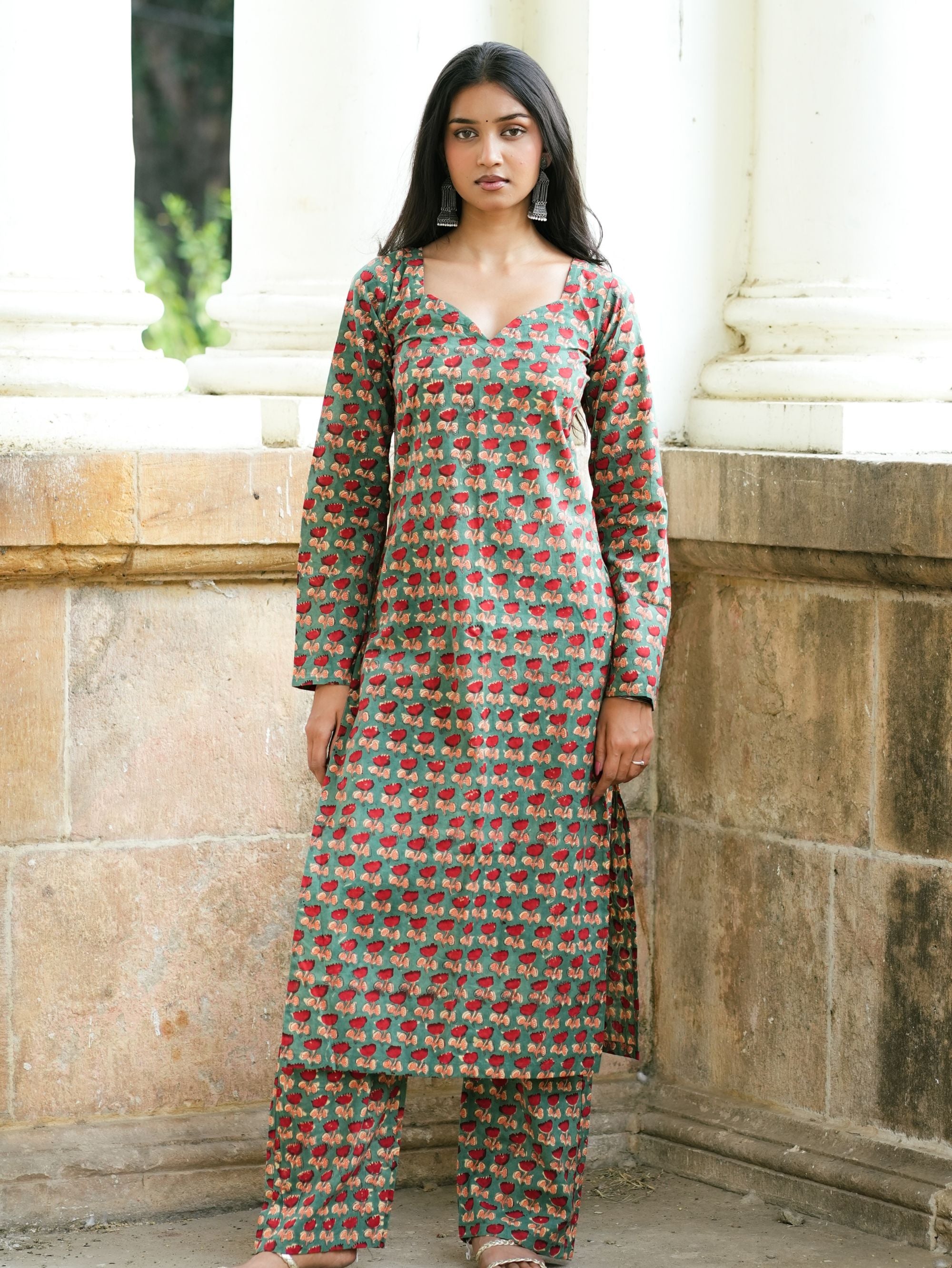Fida Green Handblock Cotton Kurta Pant Set