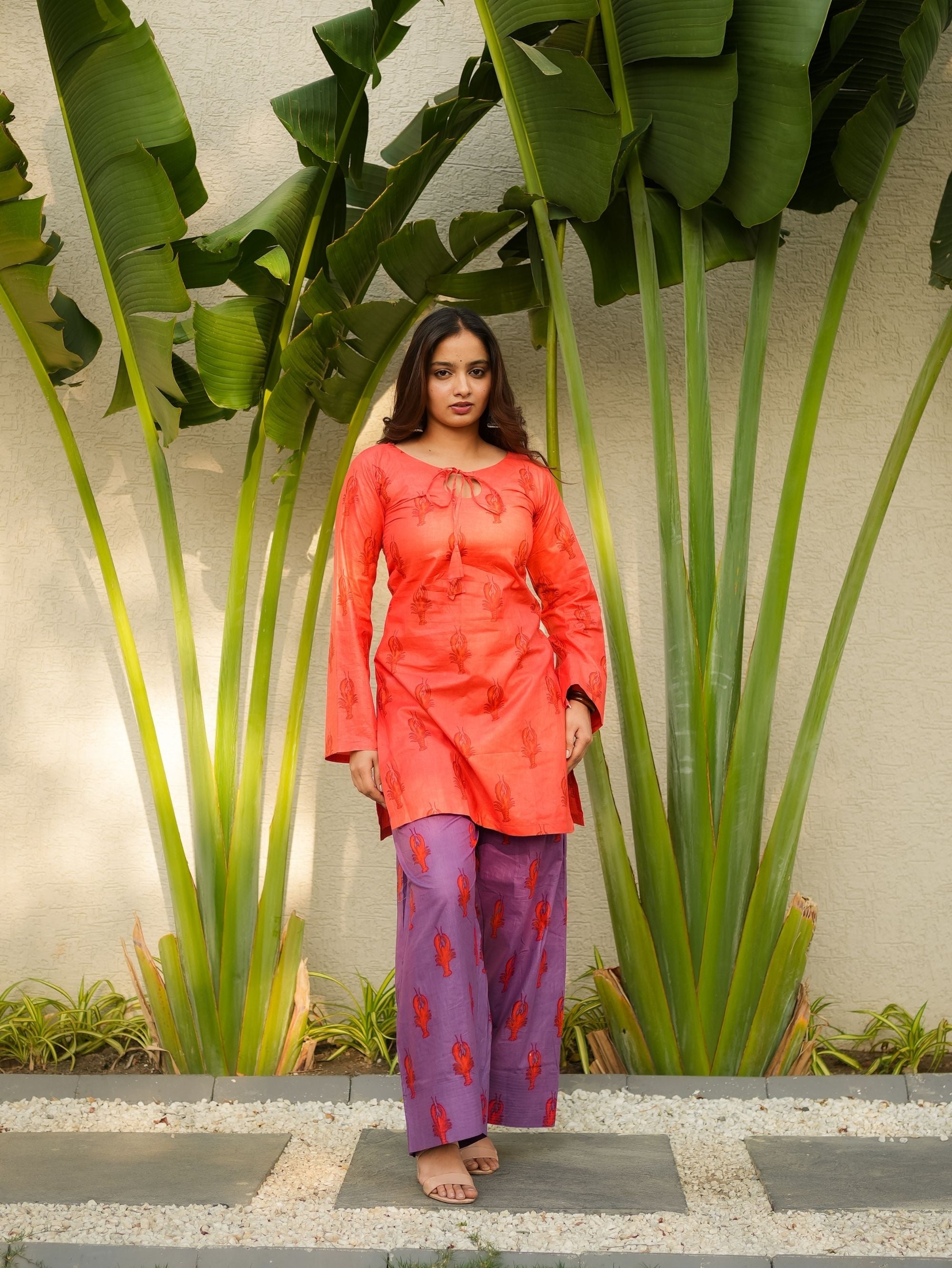 Twilight Bloom Red Purple Handblock Kurta Set with Farshi Salwar