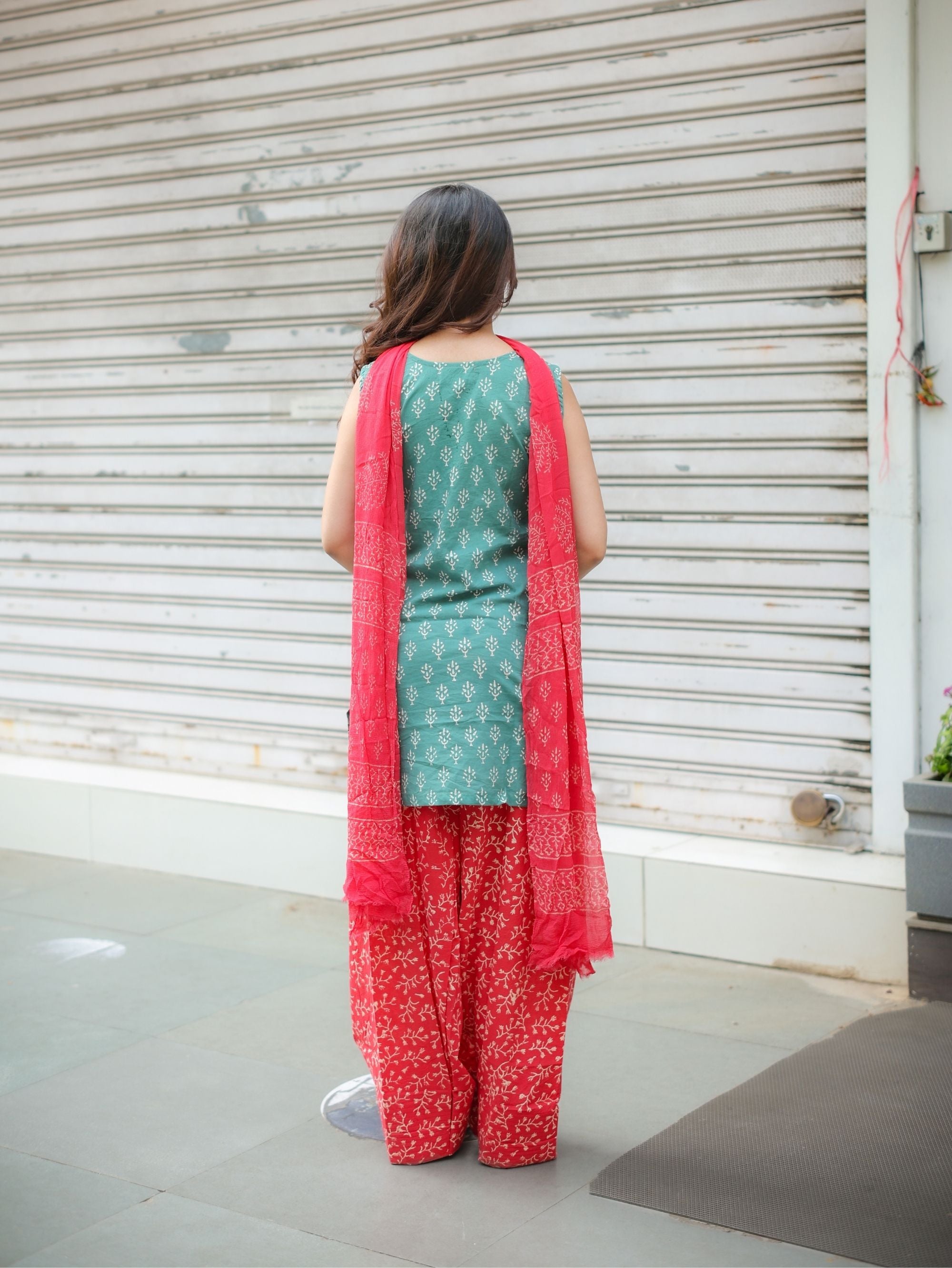 Ruby Sage Green & Red Farshi Salwar Set with Chiffon Dupatta