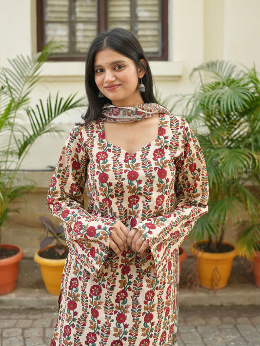 Biba Beige Handblock Cotton Straight Suit Set