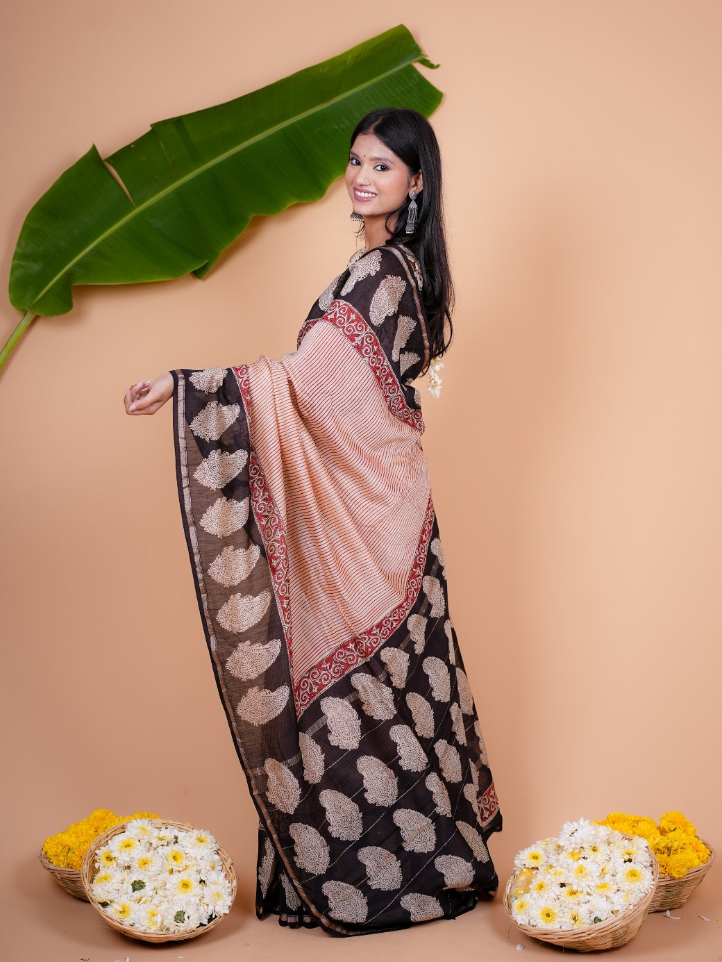 Vaidehi Rust Red and Black Chanderi Saree