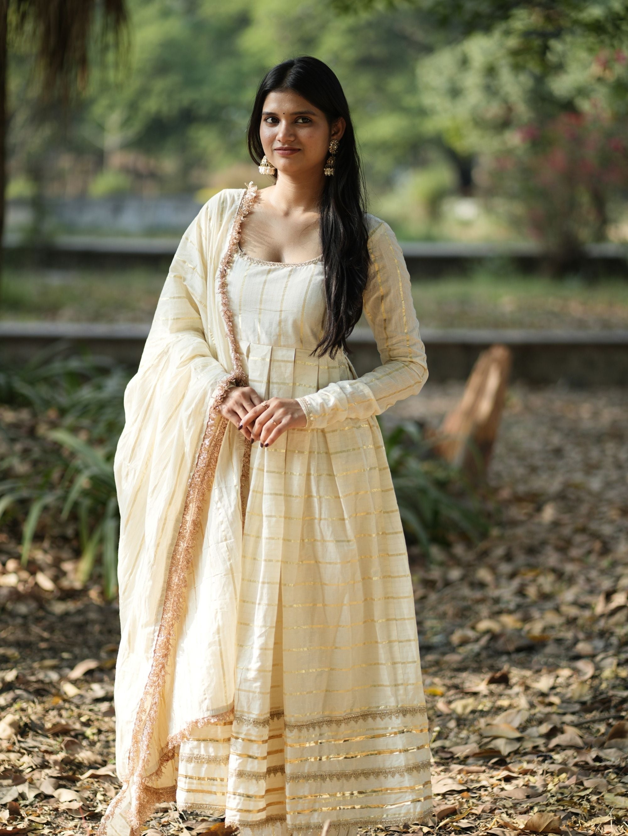 Mastani Noor Beige Cotton Anarkali 3 Piece Suit Set with Zari Work