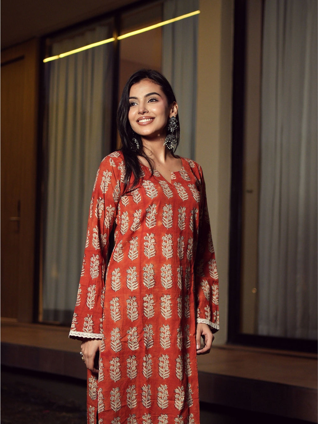 Falak Rust Red Handblock Cotton Long Kurta
