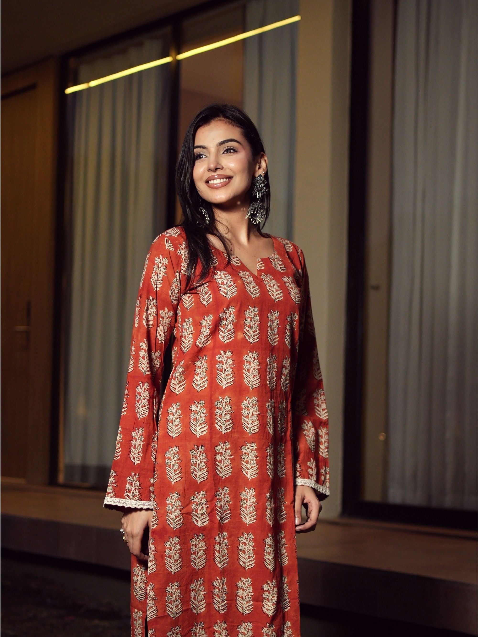 Falak Rust Red Handblock Cotton Long Kurta