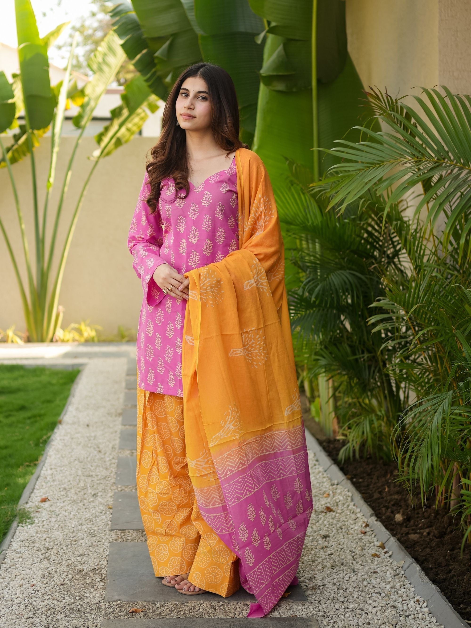 Rosebella Pink Cotton Kurta Set with Farshi Salwar and Cotton Dupatta