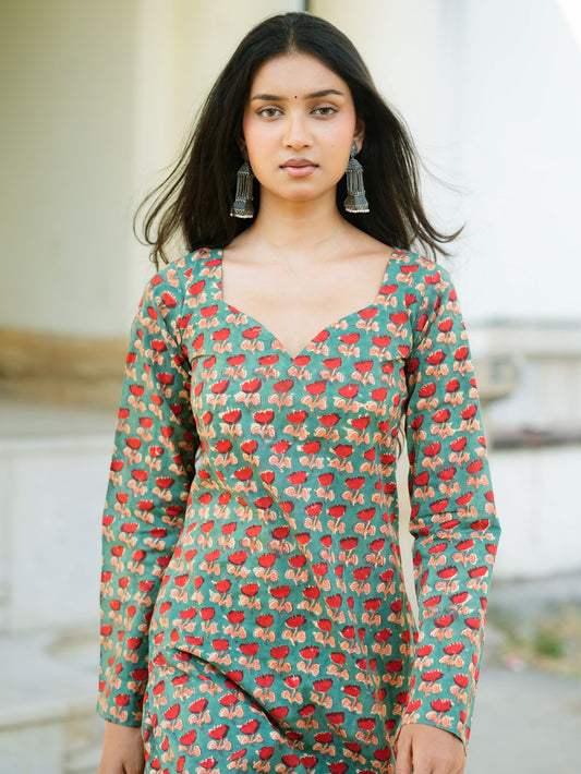 Fida Green Handblock Cotton Kurta Pant Set