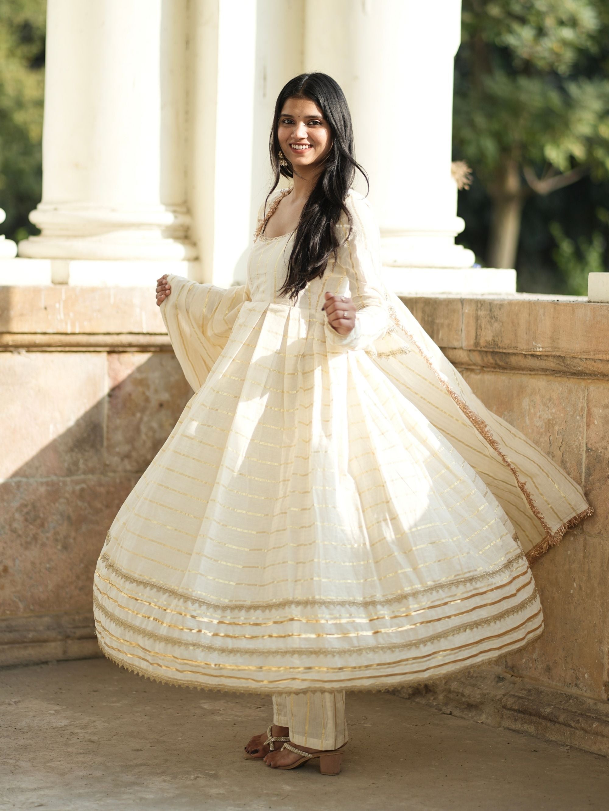 Mastani Noor Beige Cotton Anarkali 3 Piece Suit Set with Zari Work