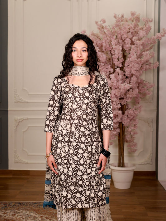 Chandni Black Beige Cotton Suit Set with Corset Back