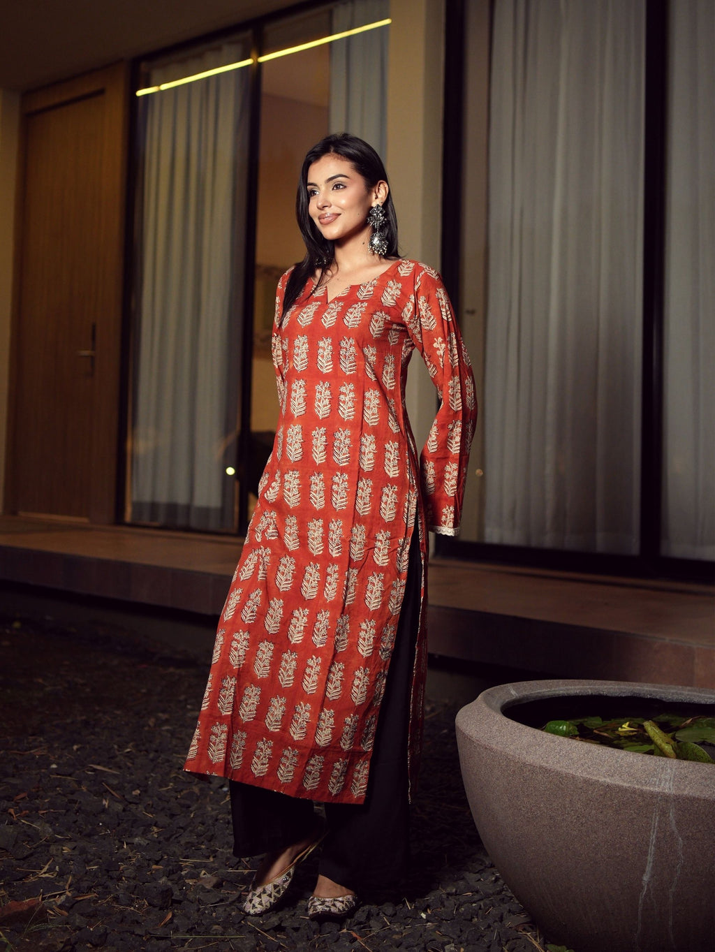 Falak Rust Red Handblock Cotton Long Kurta