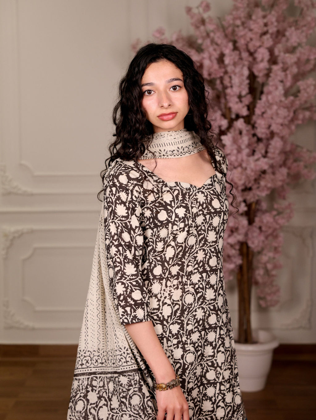 Chandni Black Beige Cotton Suit Set with Corset Back