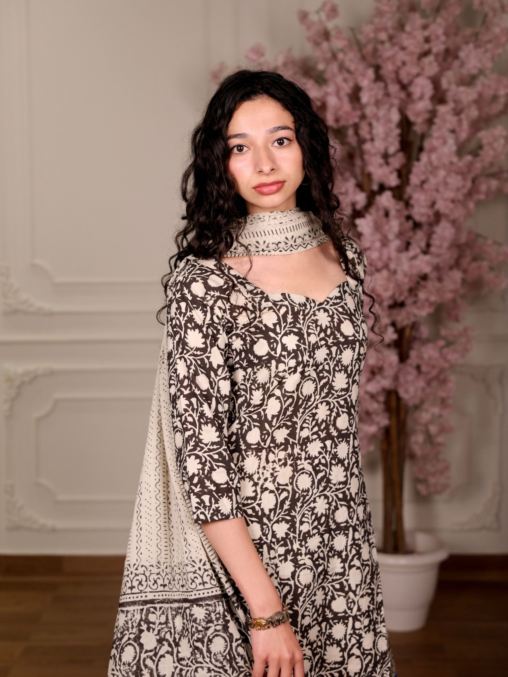 Chandni Black Beige Cotton Suit Set with Corset Back
