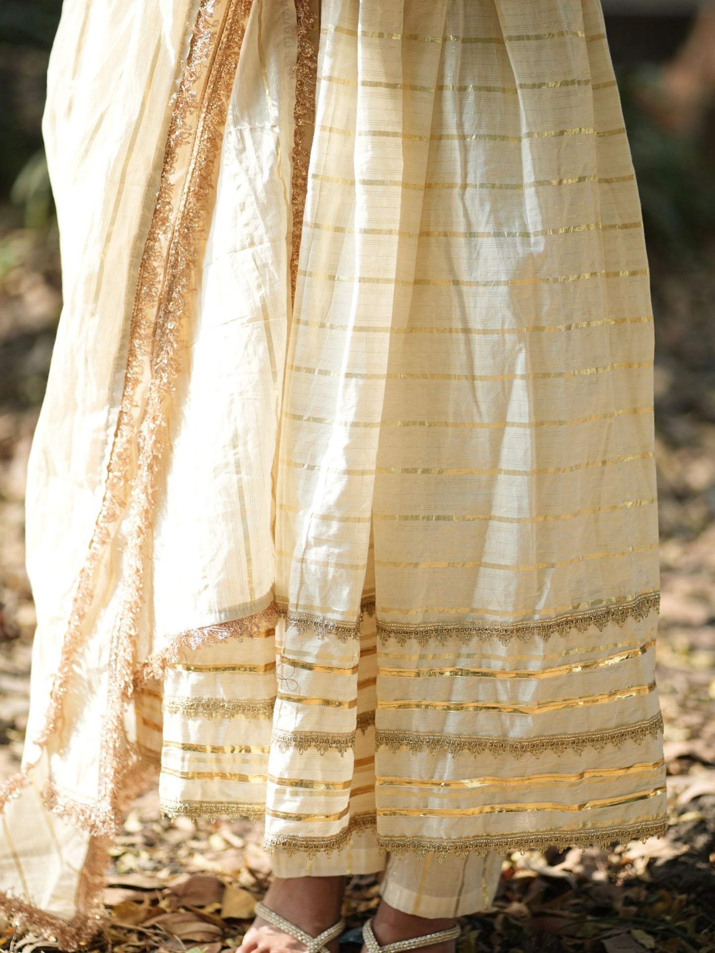 Mastani Noor Beige Cotton Anarkali 3 Piece Suit Set with Zari Work