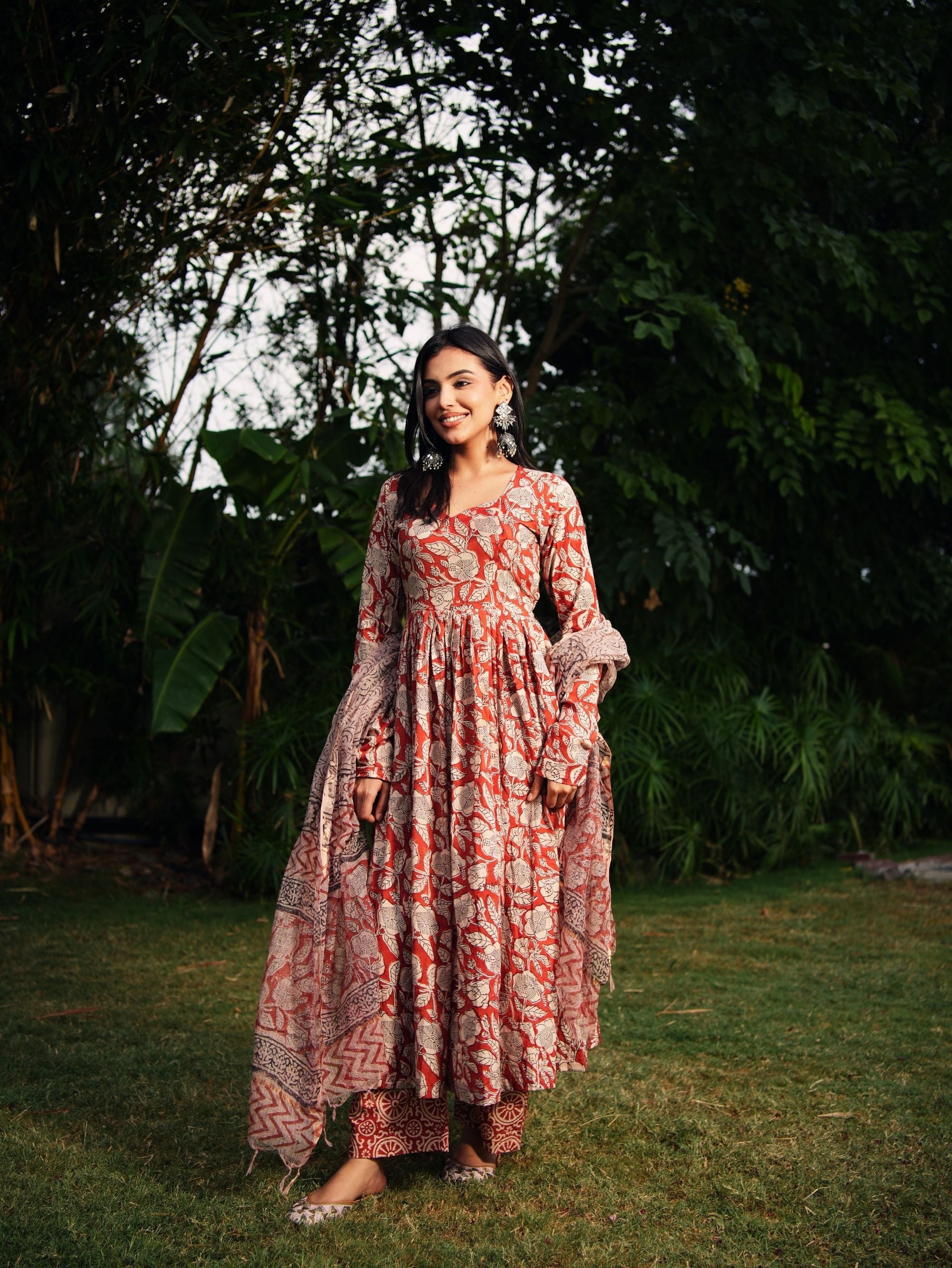 Sana Red Rust Handblock Cotton Anarkali Set with Kota Doria Dupatta