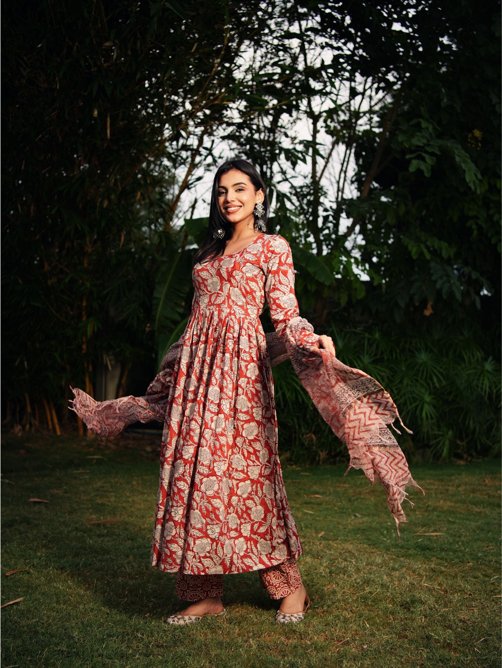 Sana Red Rust Handblock Cotton Anarkali Set with Kota Doria Dupatta
