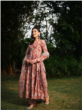 Sana Red Rust Handblock Cotton Anarkali Set with Kota Doria Dupatta