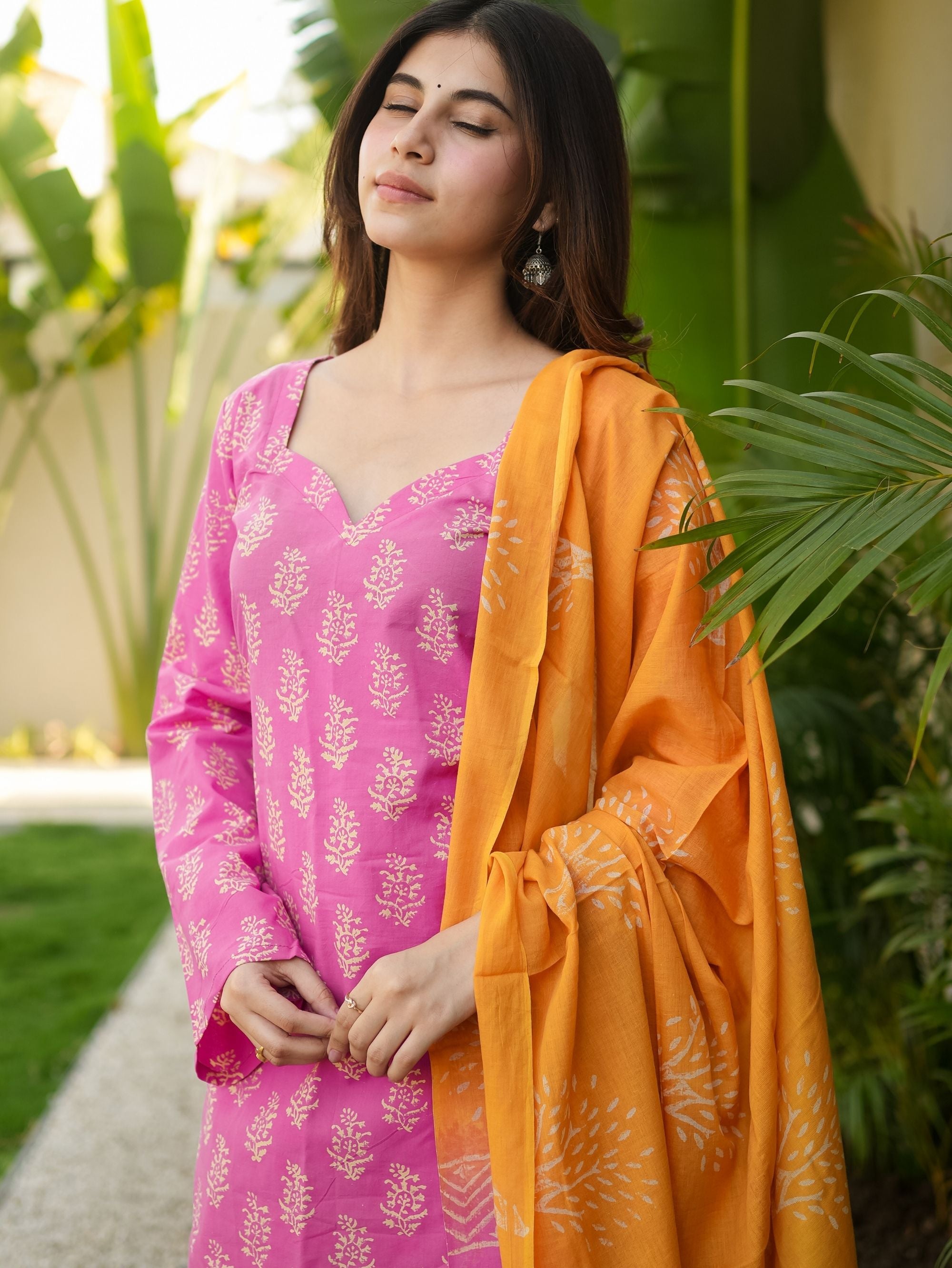 Rosebella Pink Cotton Kurta Set with Farshi Salwar and Cotton Dupatta