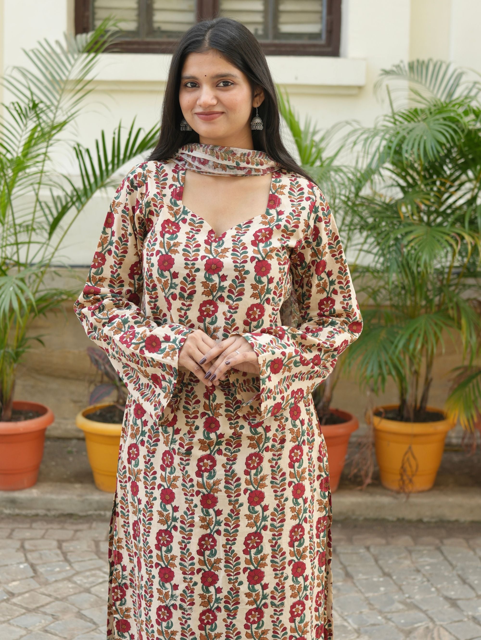 Biba Beige Handblock Cotton Straight Suit Set