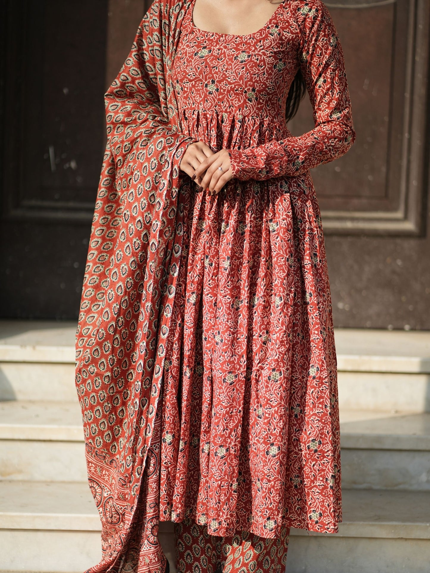 Madhubala Red Cotton Anarkali Suit Set