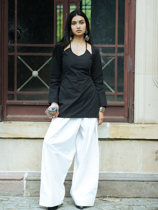 Tarana Black Halter Neck Short Kurti in Poplin Cotton