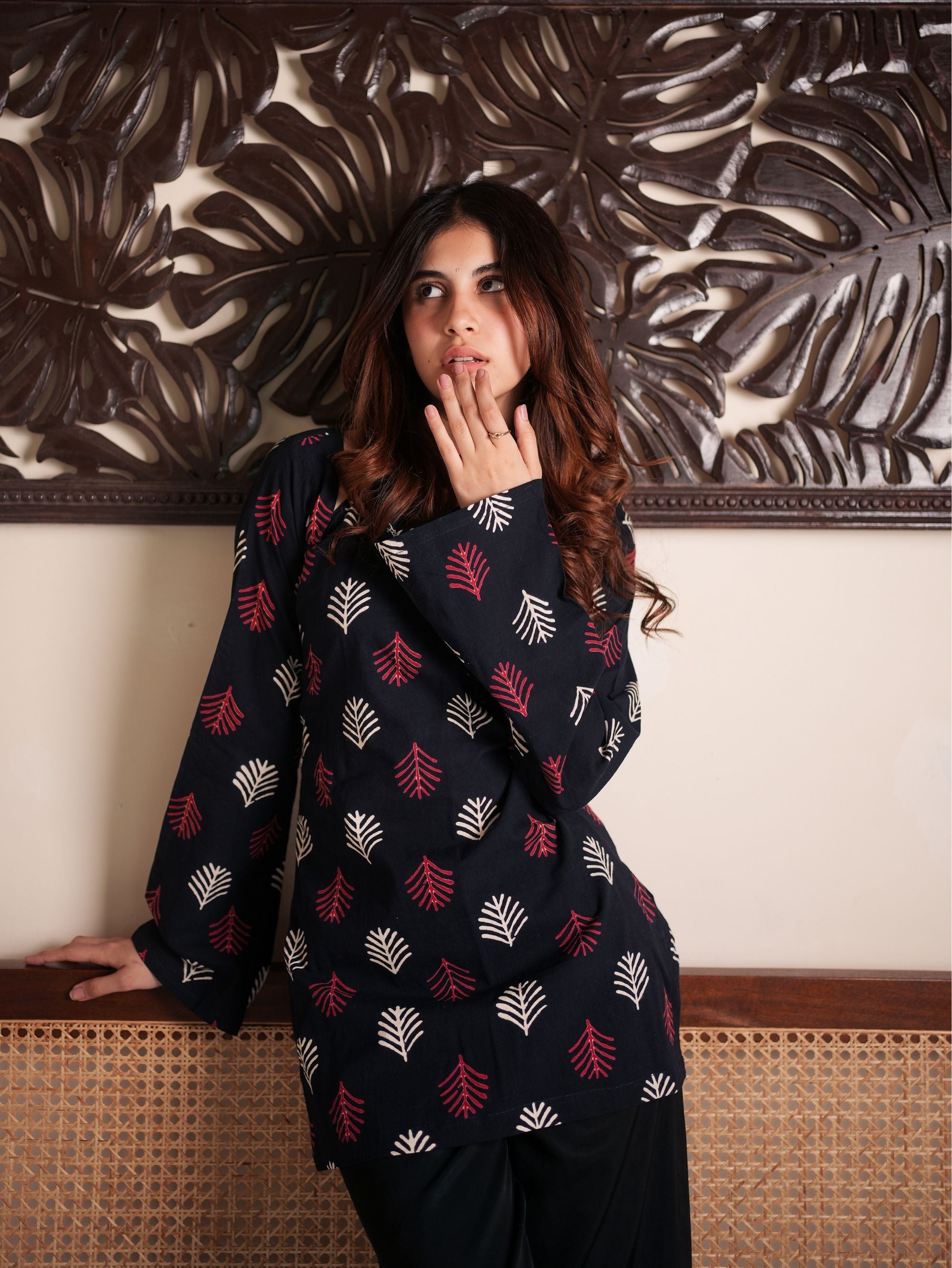Moonlight Black Cotton Short Kurti with Handblock Print