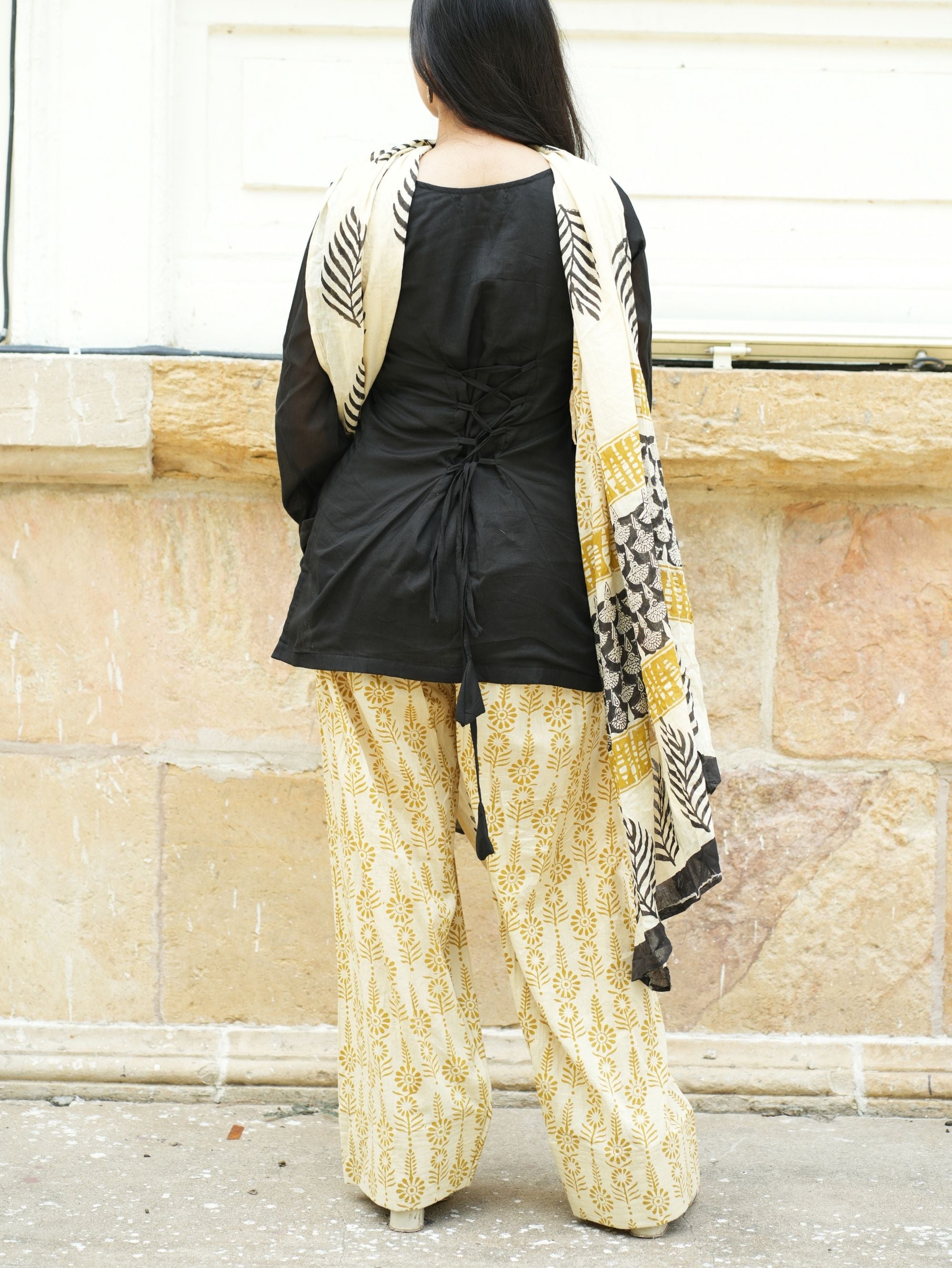Pia Black & Beige Three Piece Farshi Set with Cotton Dupatta