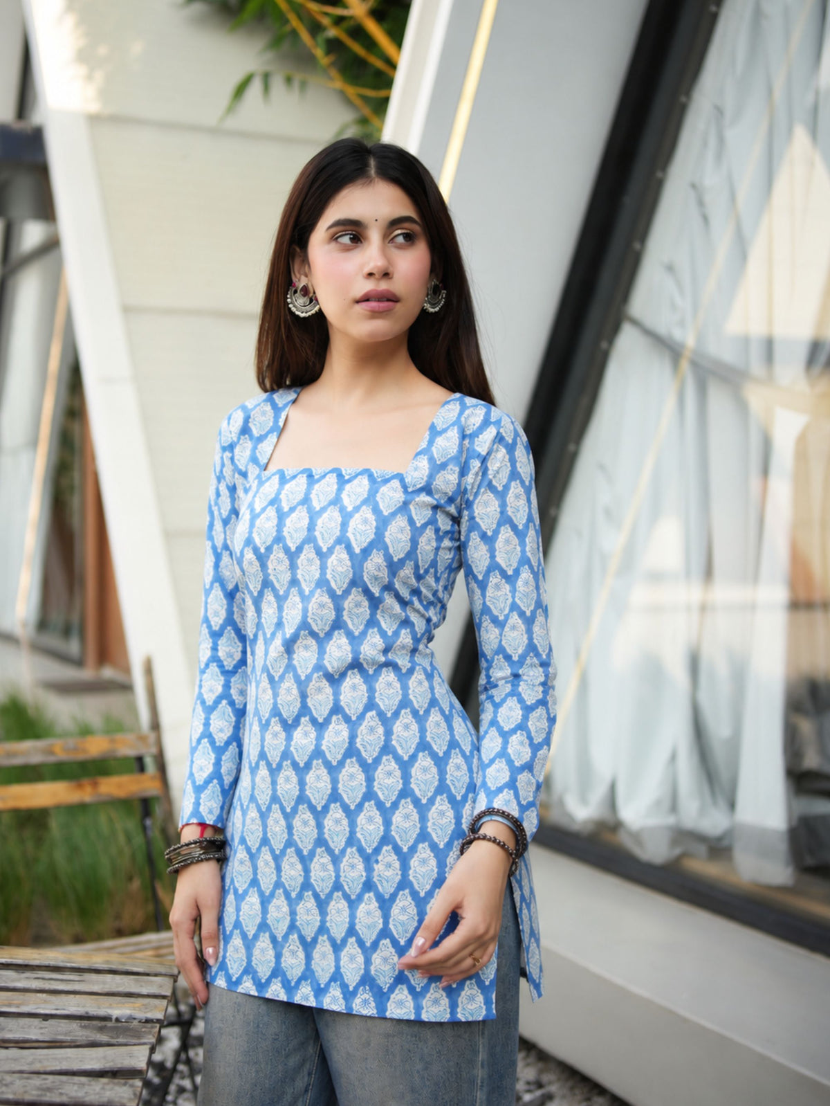 Phulki Blue Printed Short Kurti