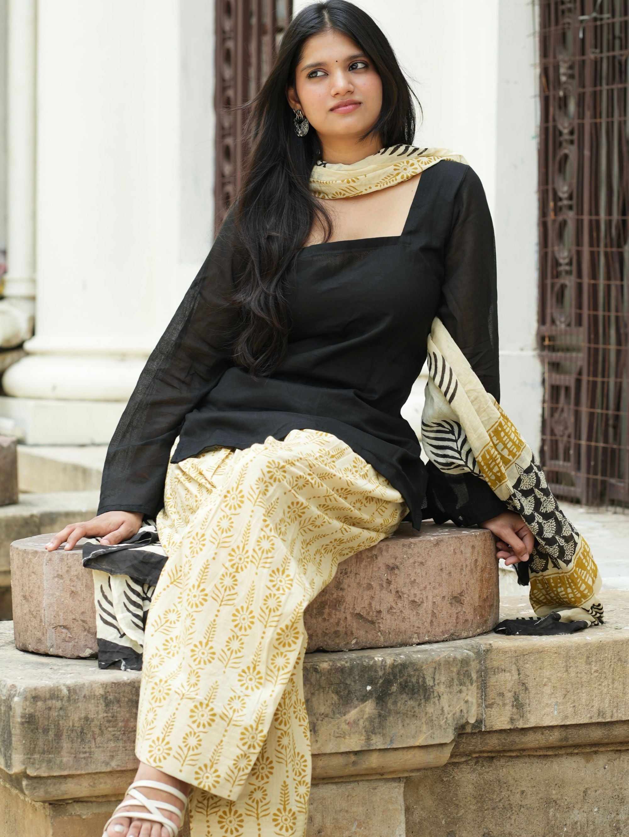 Pia Black & Beige Three Piece Farshi Set with Cotton Dupatta