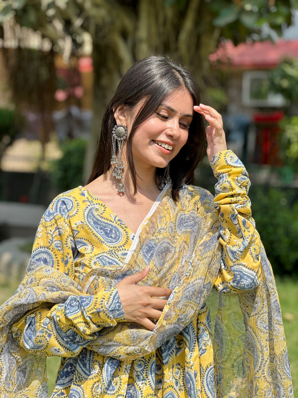 Yellow Paisley Anarkali Set( Kota doriya)