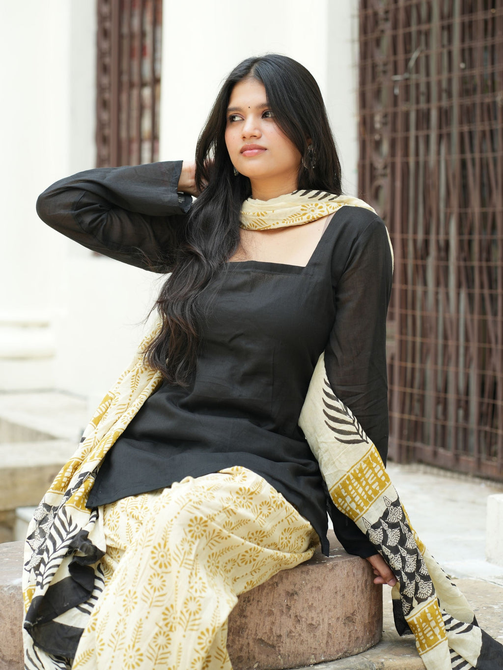Pia Black & Beige Three Piece Farshi Set with Cotton Dupatta