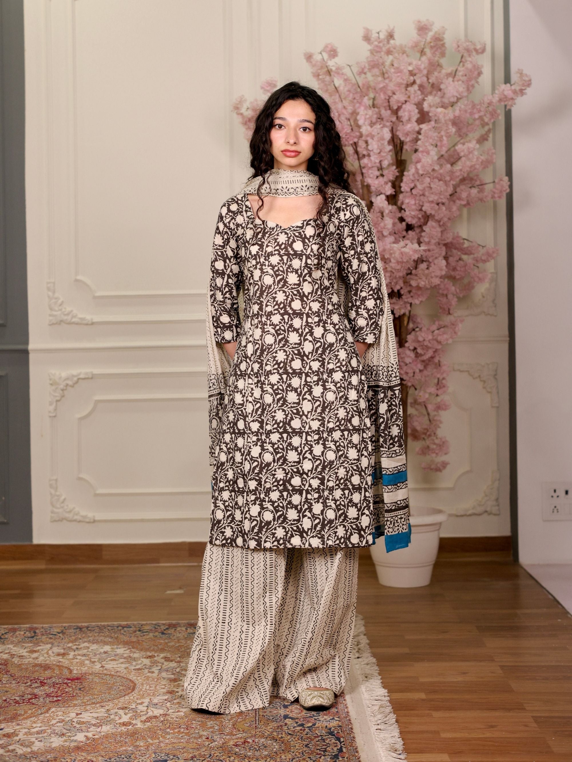 Chandni Black Beige Cotton Suit Set with Corset Back
