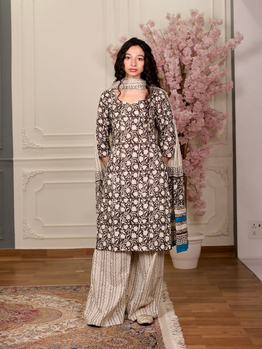 Chandni Black Beige Cotton Suit Set with Corset Back