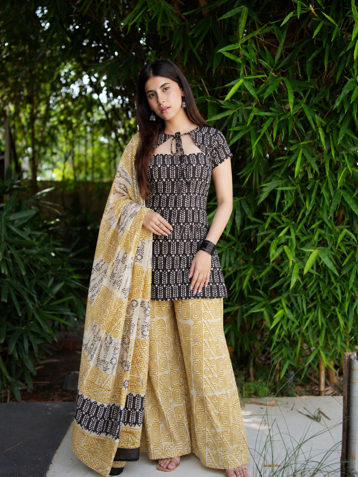 Mandana Black & Beige Three Piece Straight Set