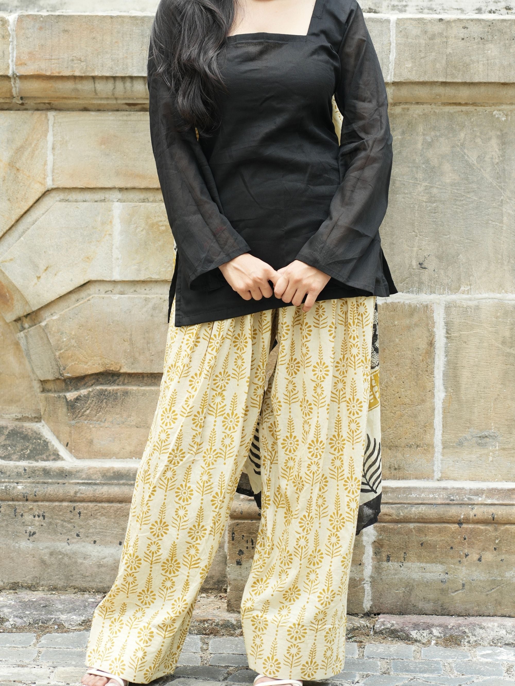 Pia Black & Beige Three Piece Farshi Set with Cotton Dupatta