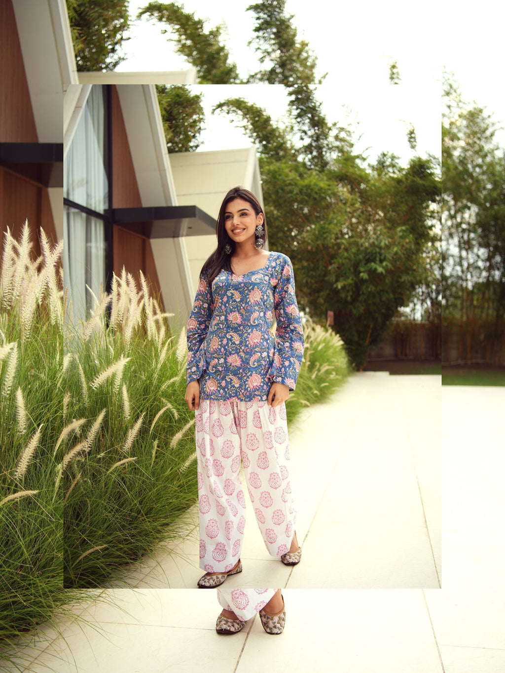 Mrunal Blue & Pink Handblock Cotton Three Piece Farshi Set with Mul Cotton Dupatta