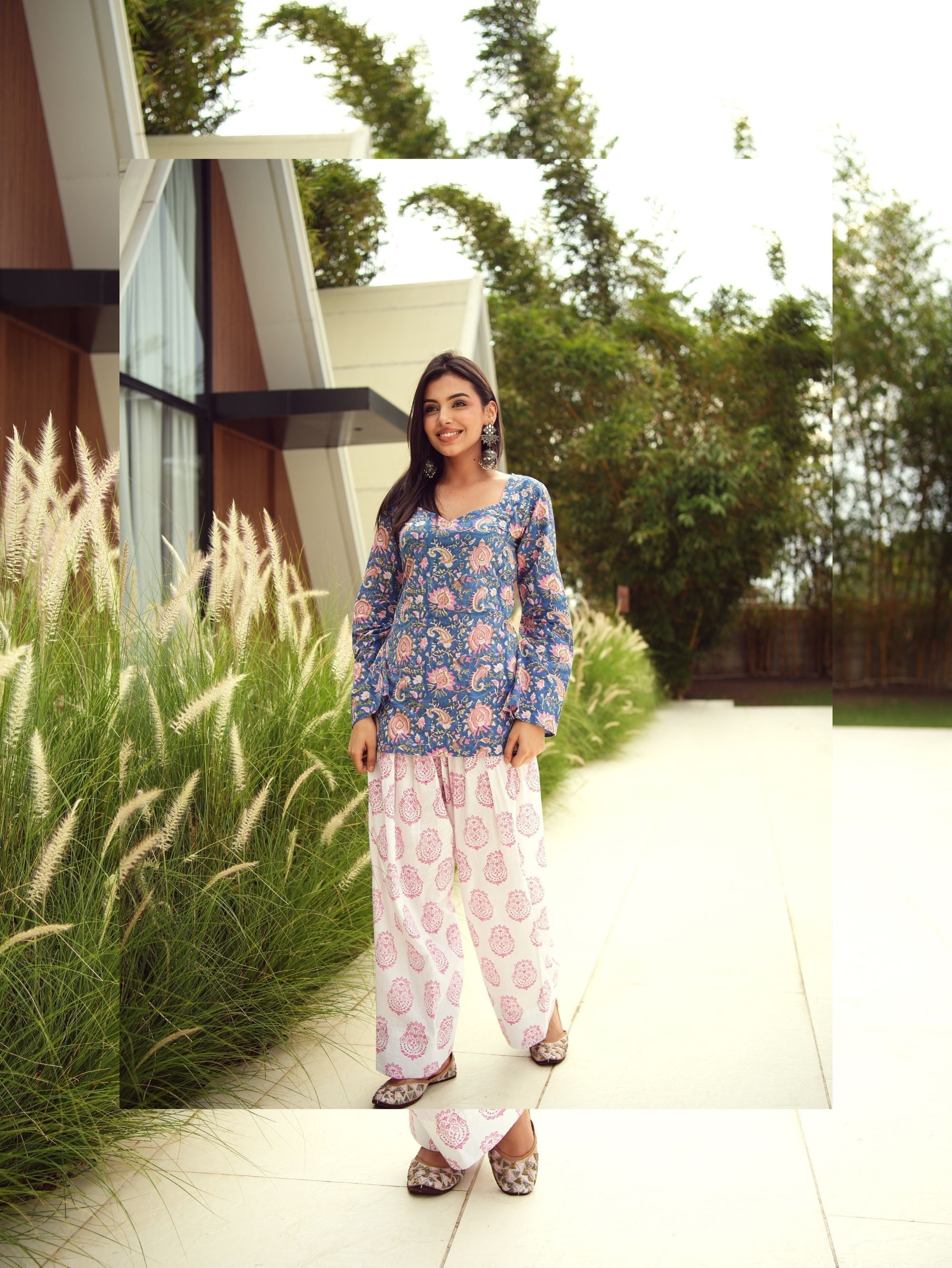Mrunal Blue & Pink Handblock Cotton Three Piece Farshi Set with Mul Cotton Dupatta